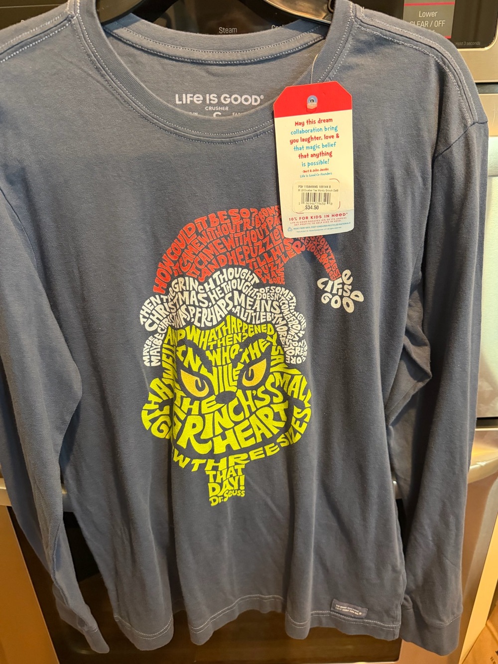 NWT Men’s Small Life Is Good Long-Sleeve Grinch Word-Art Crusher Tee NEW W TAGS